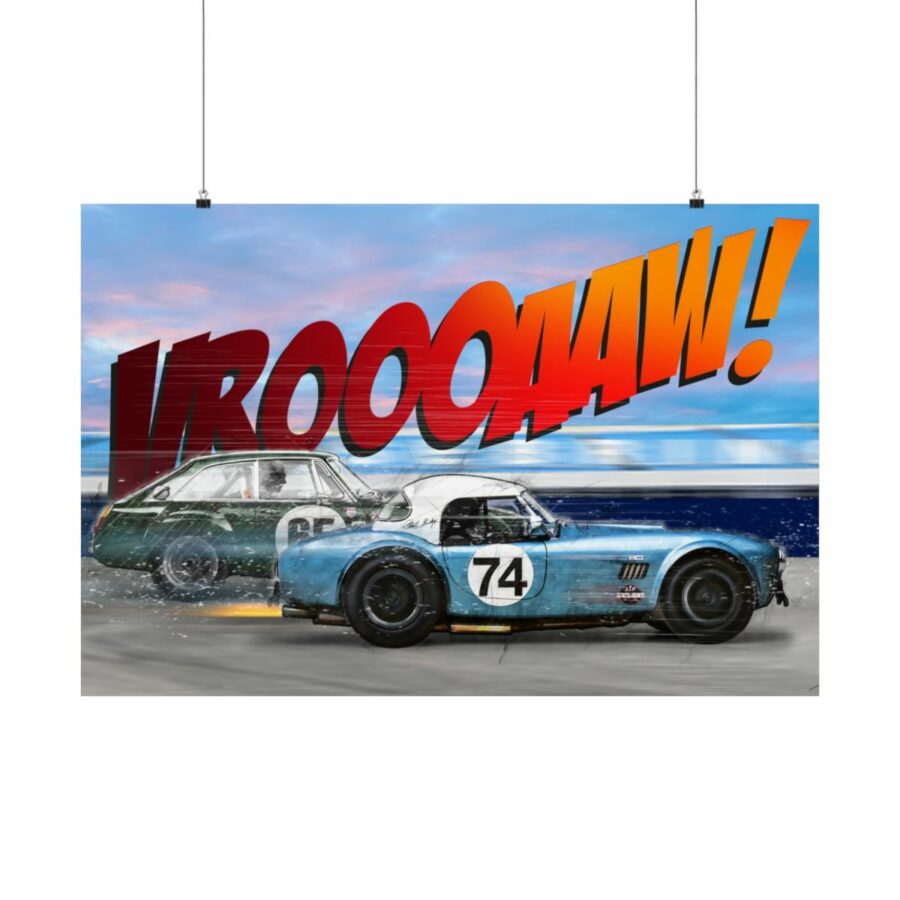 Racing Duel, Shelby Cobra vs MGB GT Competition, Poster Sports Car Racing Art
