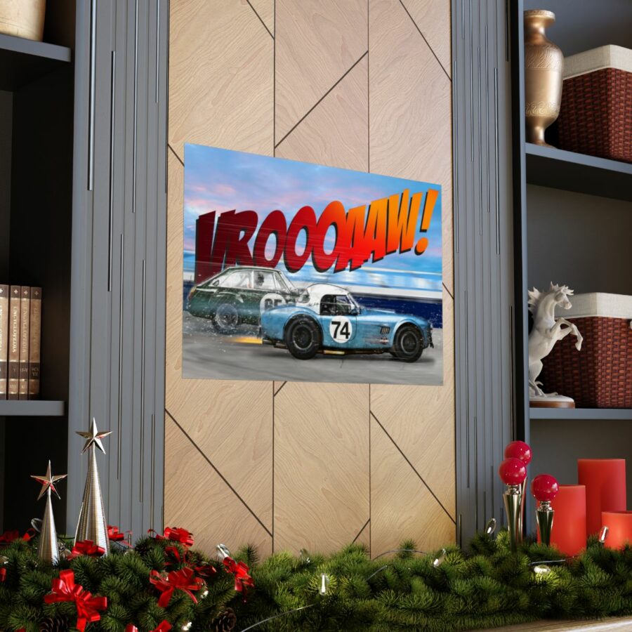 Racing Duel, Shelby Cobra vs MGB GT Competition, Poster Sports Car Racing Art