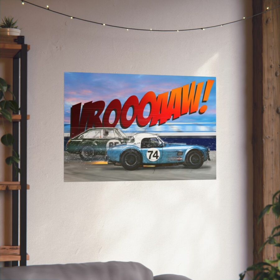 Racing Duel, Shelby Cobra vs MGB GT Competition, Poster Sports Car Racing Art