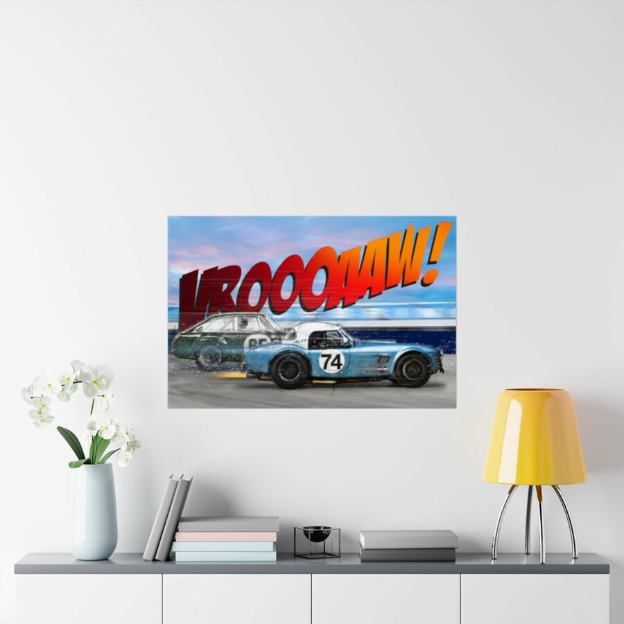 Racing Duel, Shelby Cobra vs MGB GT Competition, Poster Sports Car Racing Art