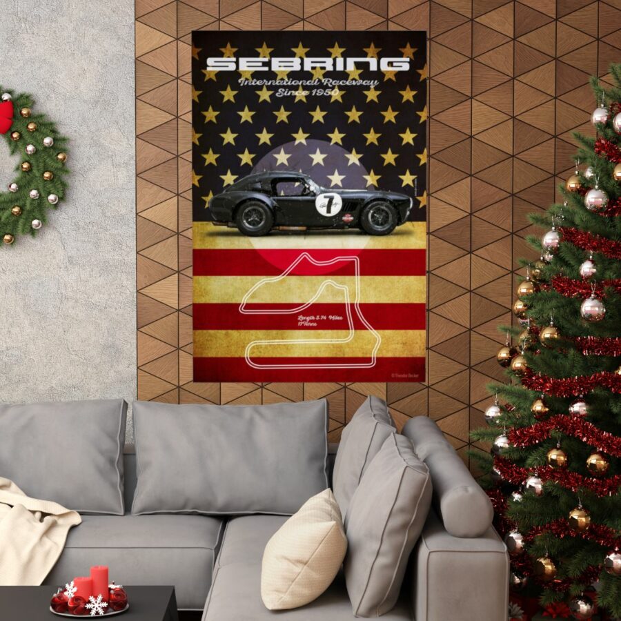 Sebring Racetrack, Black Shelby Cobra, Poster Sports Car Racing Art