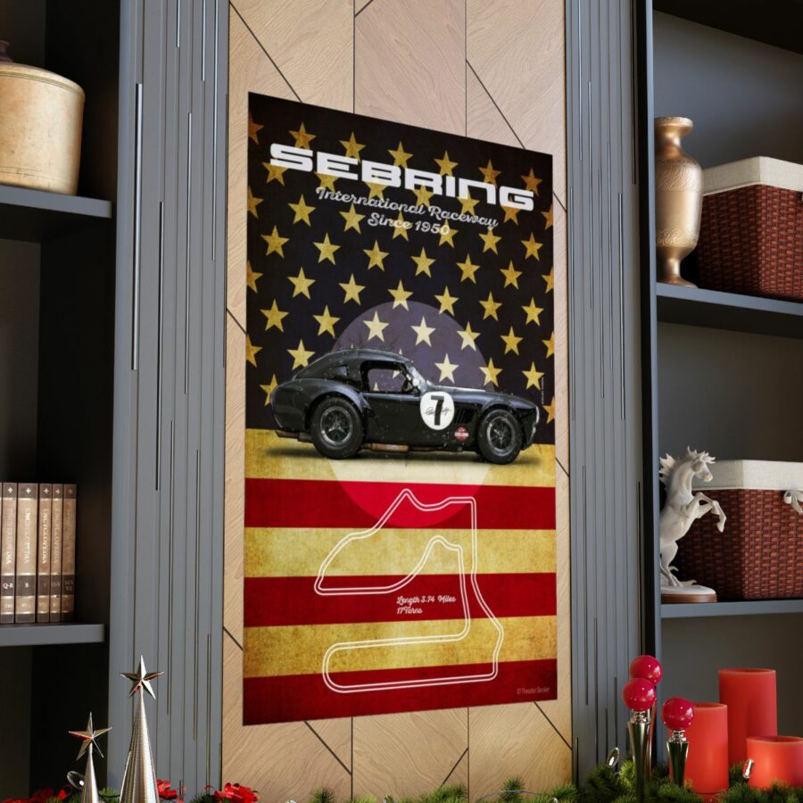 Sebring Racetrack, Black Shelby Cobra, Poster Sports Car Racing Art