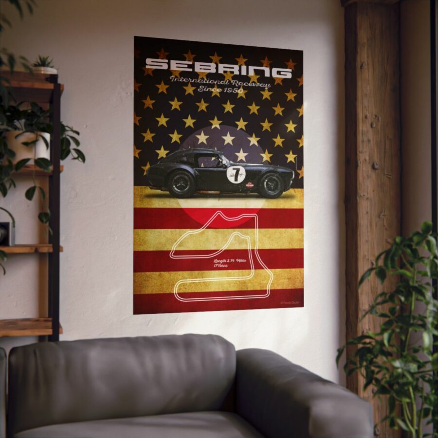 Sebring Racetrack, Black Shelby Cobra, Poster Sports Car Racing Art