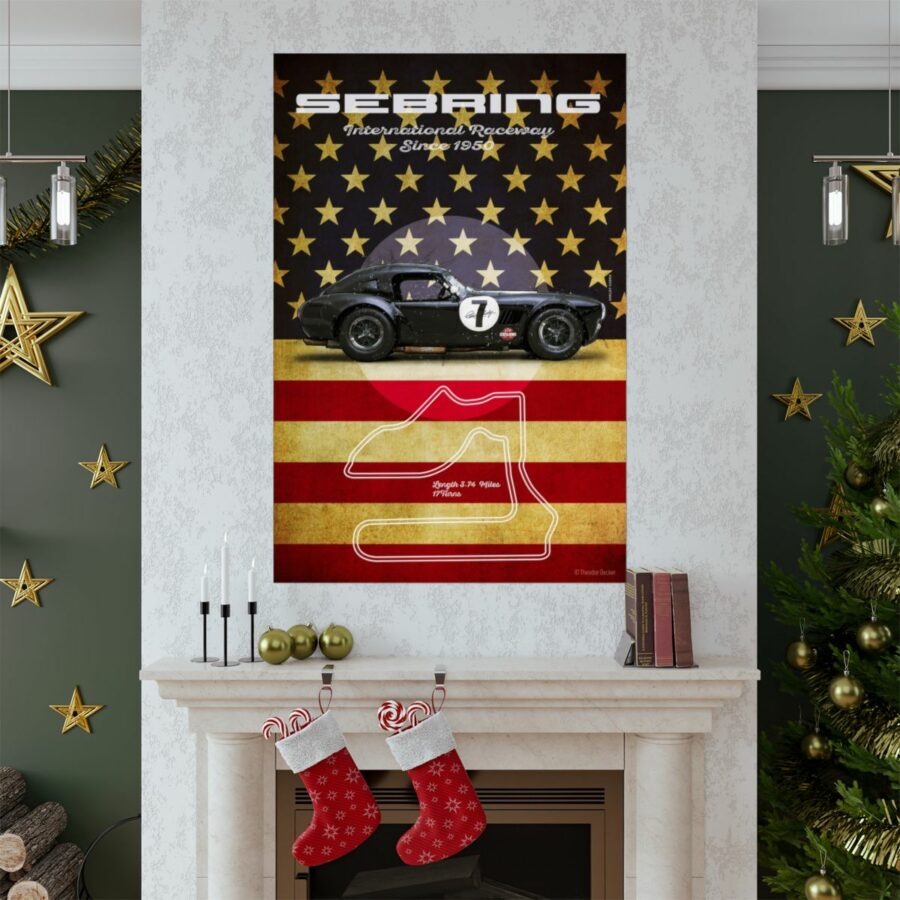 Sebring Racetrack, Black Shelby Cobra, Poster Sports Car Racing Art