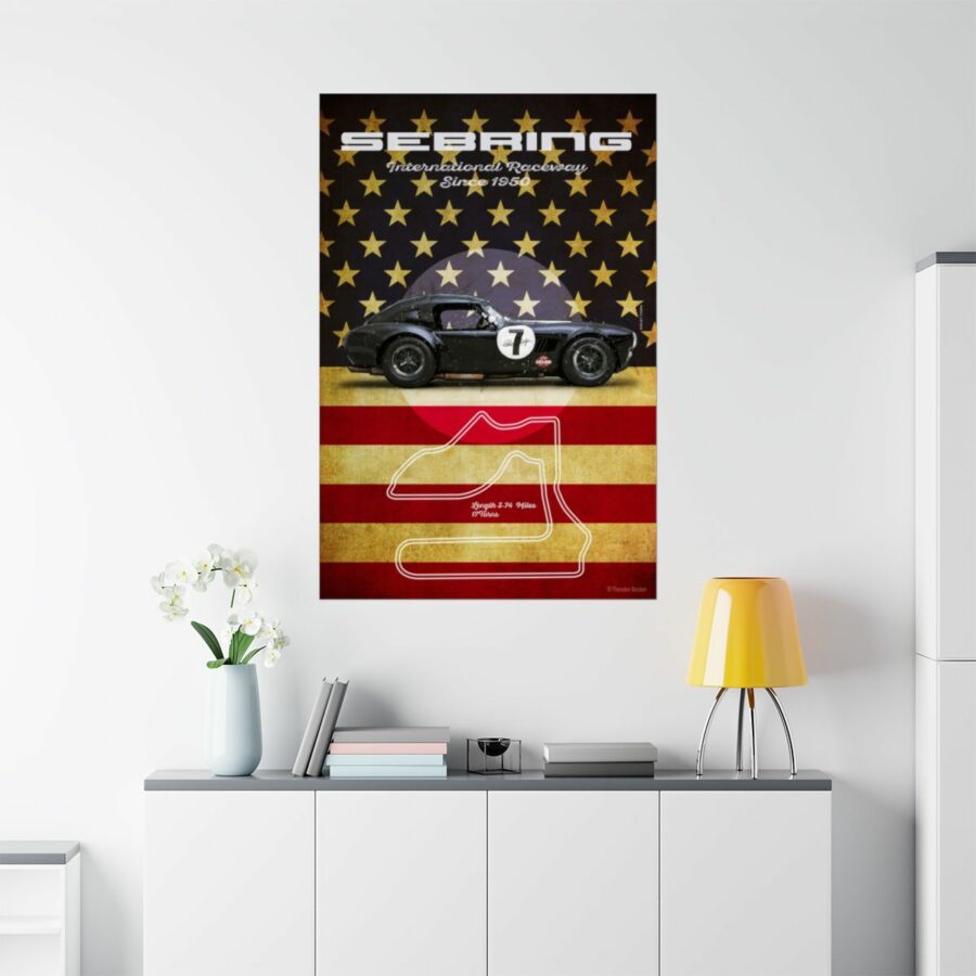 Sebring Racetrack, Black Shelby Cobra, Poster Sports Car Racing Art