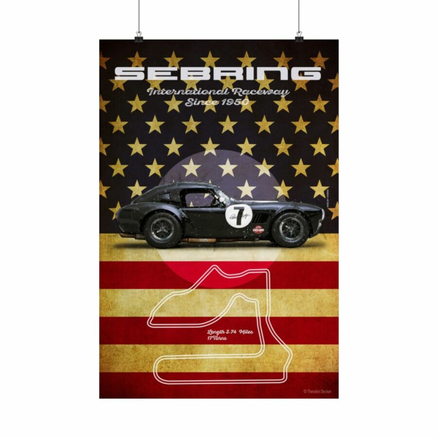 Sebring Racetrack, Black Shelby Cobra, Poster Sports Car Racing Art