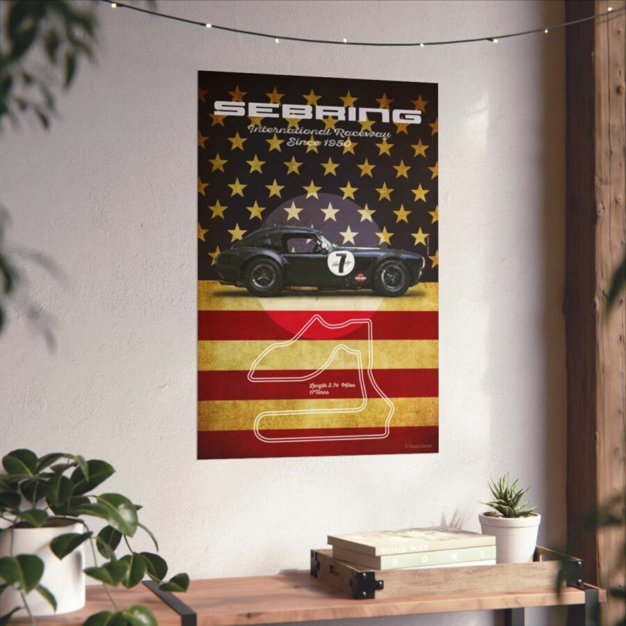 Sebring Racetrack, Black Shelby Cobra, Poster Sports Car Racing Art