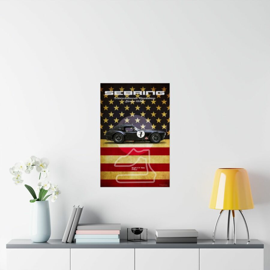 Sebring Racetrack, Black Shelby Cobra, Poster Sports Car Racing Art