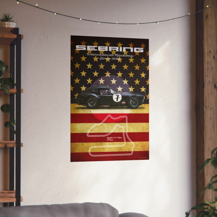 Sebring Racetrack, Black Shelby Cobra, Poster Sports Car Racing Art