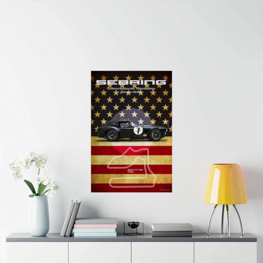 Sebring Racetrack, Black Shelby Cobra, Poster Sports Car Racing Art