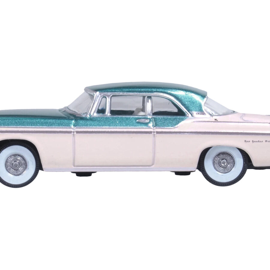 1955 Chrysler New Yorker Deluxe St. Regis Jade Green Metallic and Cream 1/87 (HO) Scale Diecast Model Car by Oxford Diecast Automotive