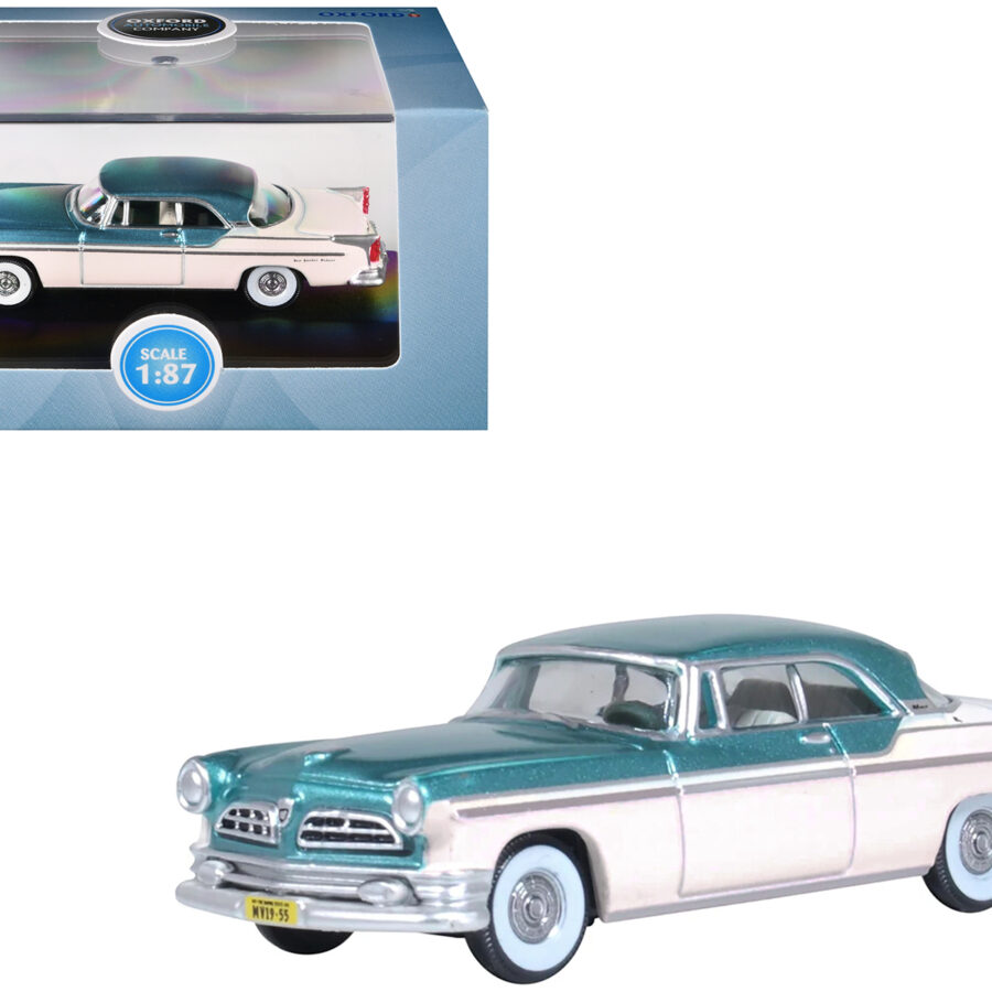 1955 Chrysler New Yorker Deluxe St. Regis Jade Green Metallic and Cream 1/87 (HO) Scale Diecast Model Car by Oxford Diecast Automotive