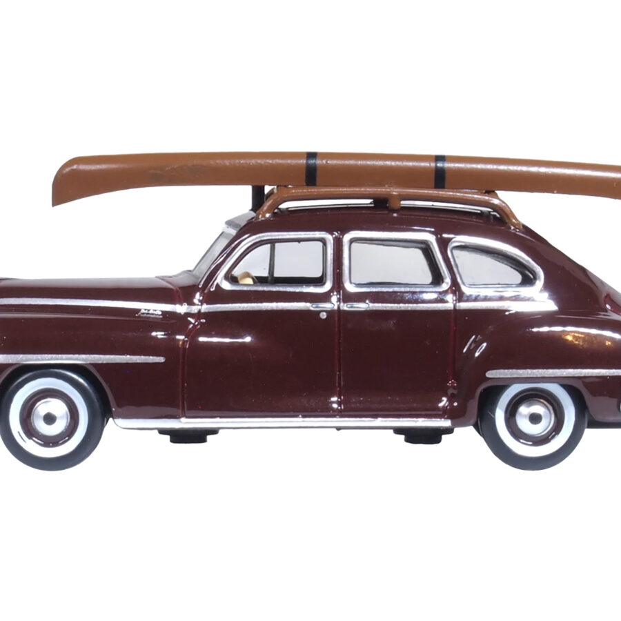 1946 DeSoto Suburban with Roof Rack and Canoe Royal Maroon 1/87 (HO) Scale Diecast Model Car by Oxford Diecast Automotive