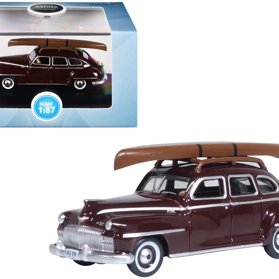 1946 DeSoto Suburban with Roof Rack and Canoe Royal Maroon 1/87 (HO) Scale Diecast Model Car by Oxford Diecast Automotive