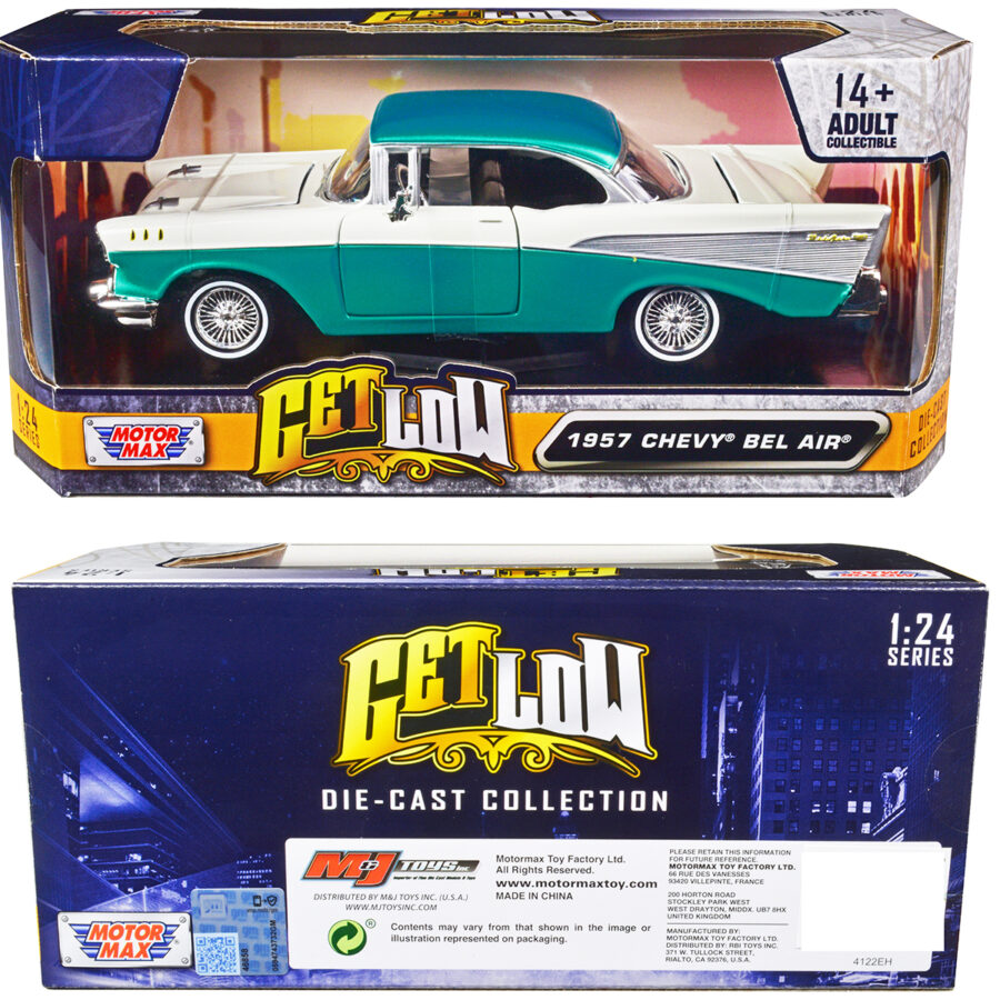 1957 Chevrolet Bel Air Lowrider Turquoise Metallic and White "Get Low" Series 1/24 Diecast Model Car by Motormax Automotive