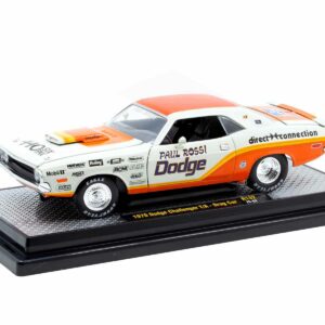 1970 Dodge Challenger T/A Drag Car "Paul Rossi" White and Orange with Graphics Limited Edition to 6650 pieces Worldwide 1/24 Diecast Model Car by M2 Machines  by Diecast Mania