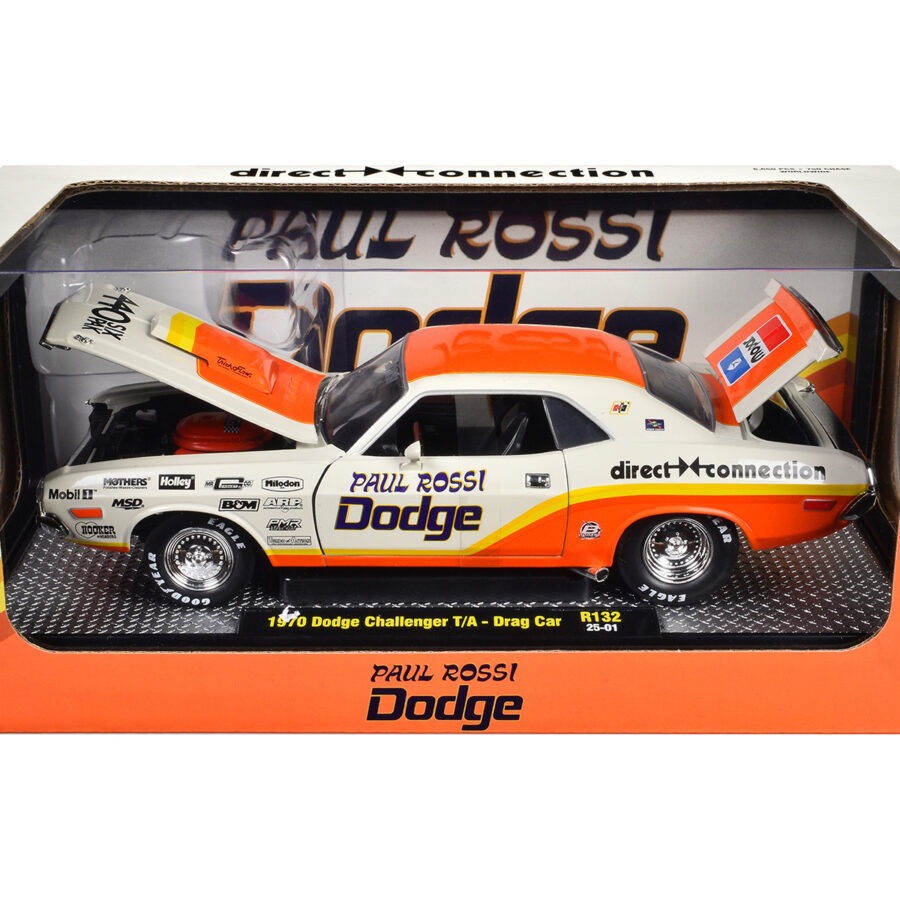1970 Dodge Challenger T/A Drag Car "Paul Rossi" White and Orange with Graphics Limited Edition to 6650 pieces Worldwide 1/24 Diecast Model Car by M2 Machines Automotive