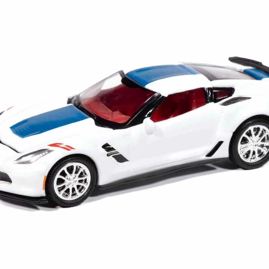 2018 Chevrolet Corvette Grand Sport Arctic White with Blue Stripe and Red Interior "Sports Cars" Series 1/64 Diecast Model Car by Auto World Automotive