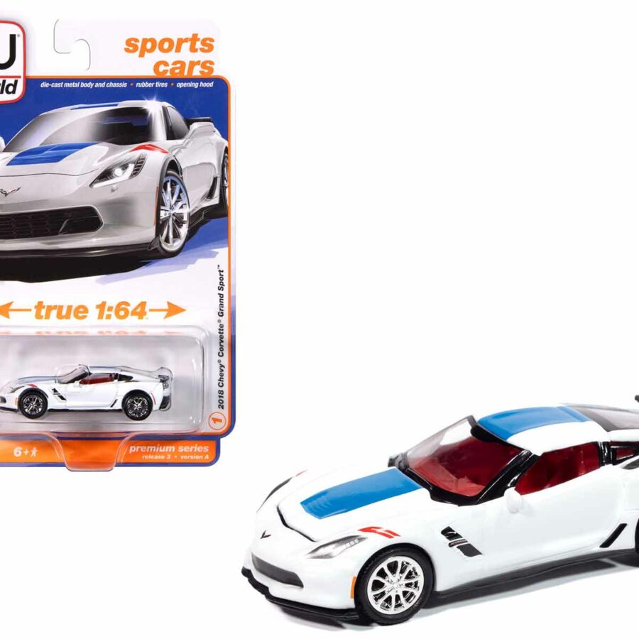 2018 Chevrolet Corvette Grand Sport Arctic White with Blue Stripe and Red Interior "Sports Cars" Series 1/64 Diecast Model Car by Auto World Automotive