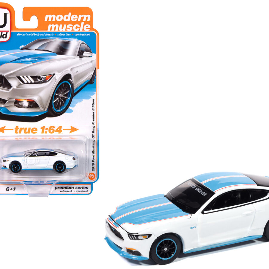 2016 Ford Mustang GT King Premier Edition "Petty's Garage" Oxford White with Petty Blue Stripes "Modern Muscle" Series 1/64 Diecast Model Car by Auto World Automotive