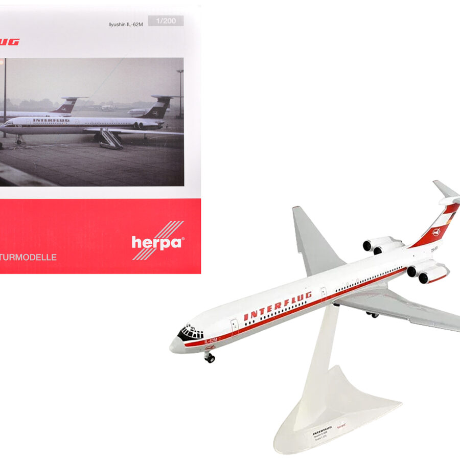 Ilyushin IL-62M Commercial Aircraft "Interflug" (DDR-SEO) White with Red Stripes and Tail 1/200 Diecast Model Airplane by Herpa Automotive