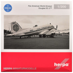 Douglas DC-3 Commercial Aircraft "Pan American World Airways" (N19912) White with Blue Stripes 1/200 Diecast Model Airplane by Herpa USA GP - Americas Track Art by Diecast Mania