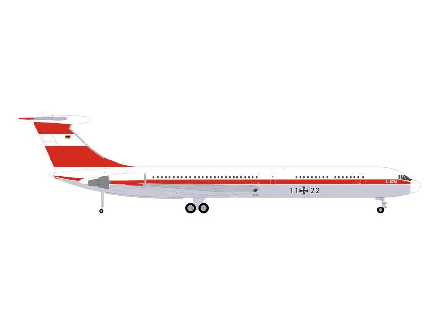 Ilyushin IL-62M Commercial Aircraft "German Luftwaffe" (11+22) White with Red Stripes 1/200 Diecast Model Airplane by Herpa Automotive