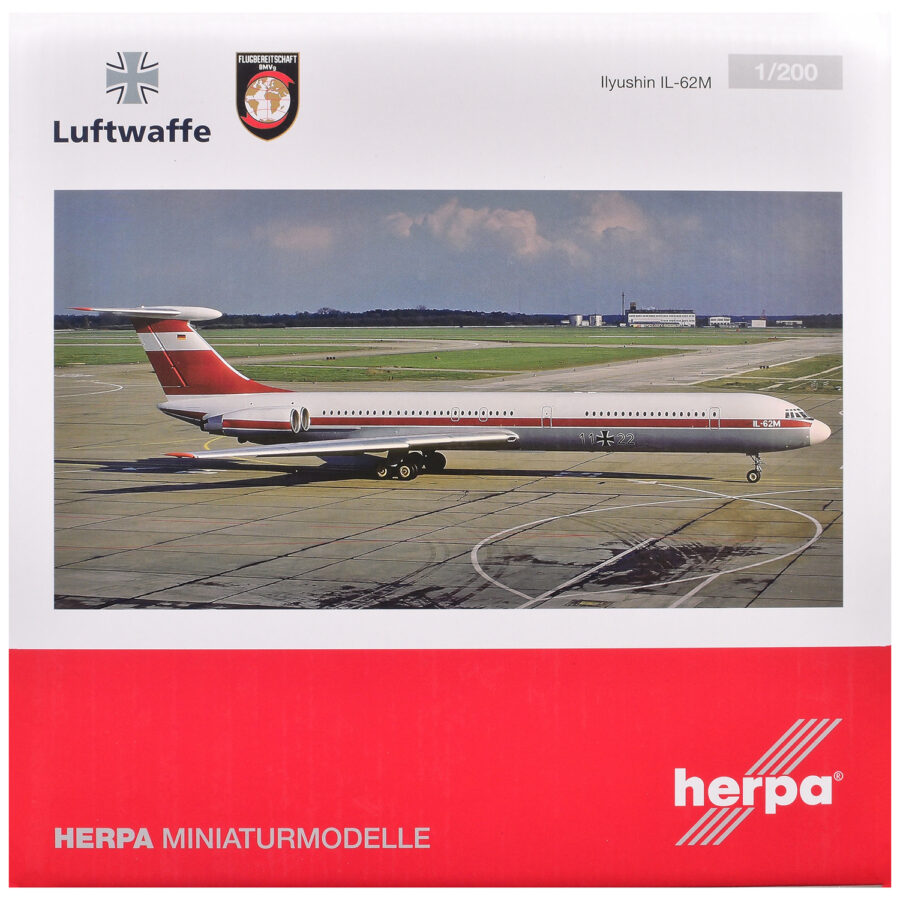 Ilyushin IL-62M Commercial Aircraft "German Luftwaffe" (11+22) White with Red Stripes 1/200 Diecast Model Airplane by Herpa Automotive