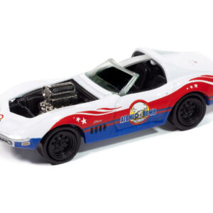 1969 Chevrolet Corvette "Atomic Bomb" White with Red and Blue Graphics "Stuntman Mike's Ride Along Racing" "Pop Culture" 2025 Release 1 1/64 Diecast Model Car by Johnny Lightning  by Diecast Mania
