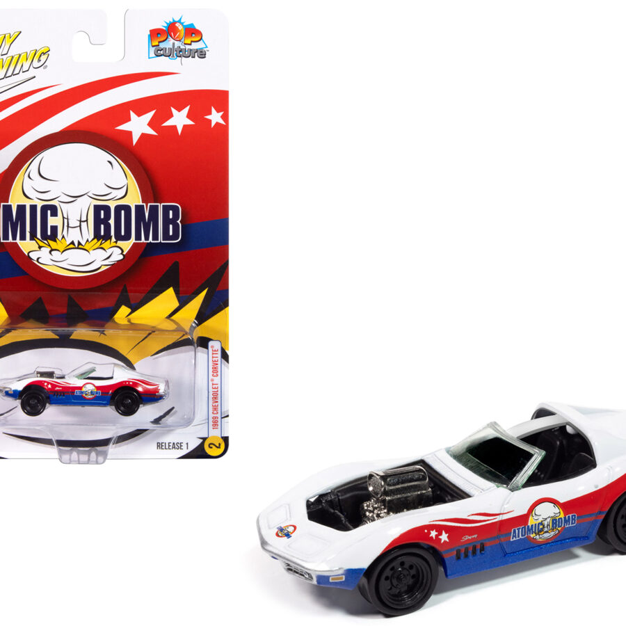 1969 Chevrolet Corvette "Atomic Bomb" White with Red and Blue Graphics "Stuntman Mike's Ride Along Racing" "Pop Culture" 2025 Release 1 1/64 Diecast Model Car by Johnny Lightning Automotive