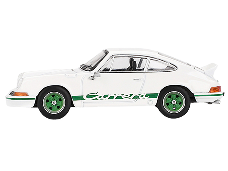 Porsche 911 Carrera RS 2.7 Grand Prix White with Green Stripes and Wheels Limited Edition 1/64 Diecast Model Car by Mini GT Automotive