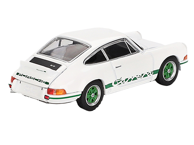 Porsche 911 Carrera RS 2.7 Grand Prix White with Green Stripes and Wheels Limited Edition 1/64 Diecast Model Car by Mini GT Automotive