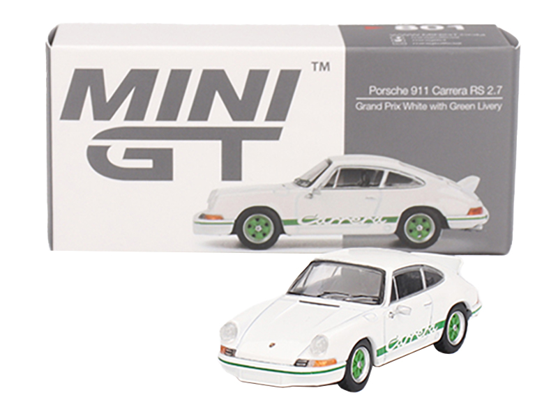Porsche 911 Carrera RS 2.7 Grand Prix White with Green Stripes and Wheels Limited Edition 1/64 Diecast Model Car by Mini GT Automotive