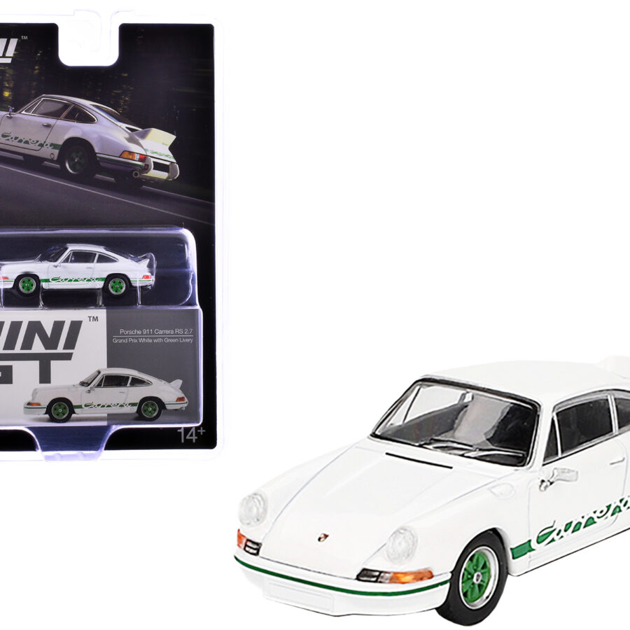 Porsche 911 Carrera RS 2.7 Grand Prix White with Green Stripes and Wheels Limited Edition 1/64 Diecast Model Car by Mini GT Automotive