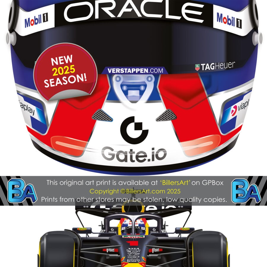 Max Verstappen's 2025 Helmet and Red Bull Racing Car. A Very High Quality Illustration from the F1 Helmets store collection.