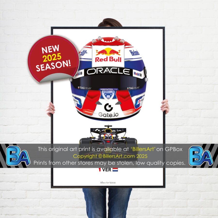 Max Verstappen's 2025 Helmet and Red Bull Racing Car. A Very High Quality Illustration from the F1 Helmets store collection.