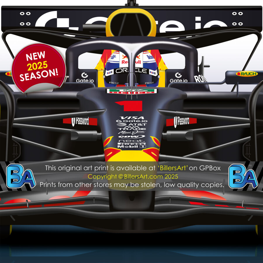 Max Verstappen's 2025 Helmet and Red Bull Racing Car. A Very High Quality Illustration F1 Art