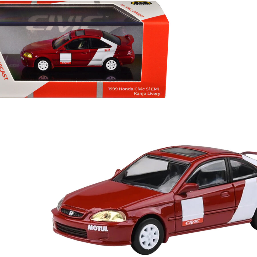 1999 Honda Civic Si EM1 "Kanjo Livery" Red with White Stripes 1/64 Diecast Model Car by Paragon Models Automotive