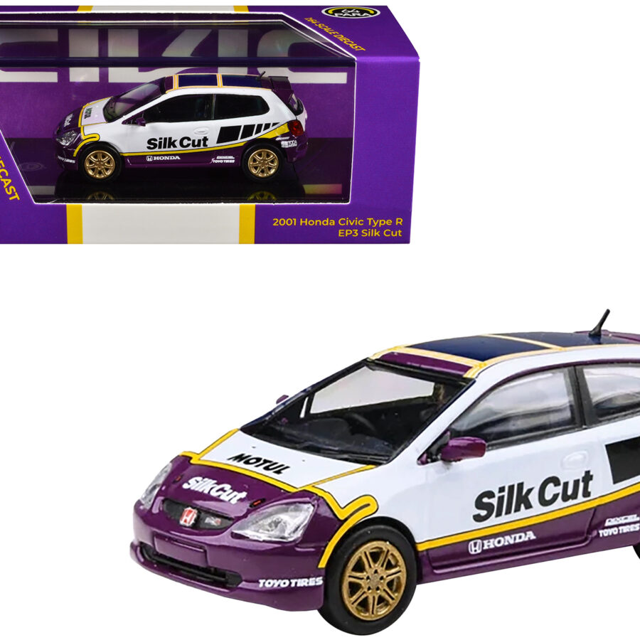2001 Honda Civic Type R EP3 "Silk Cut" White and Purple with Graphics 1/64 Diecast Model Car by Paragon Models Automotive