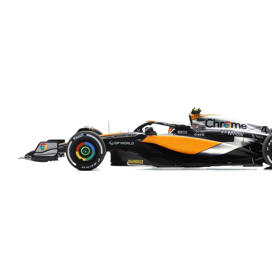 McLaren MCL60 #4 Lando Norris "Chrome" 2nd Place Formula One F1 "British GP" (2023) and Acrylic Display Case and Pit Board 1/18 Model Car by Spark from the Formula 1 Memorabilia store collection.