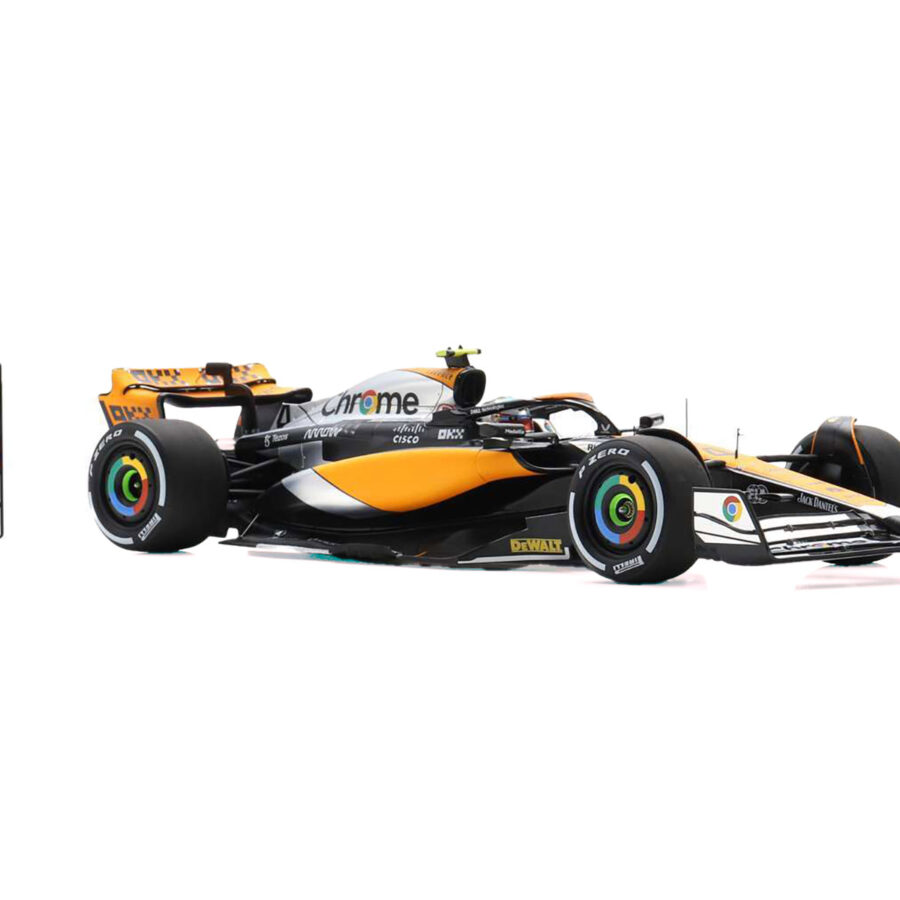 McLaren MCL60 #4 Lando Norris "Chrome" 2nd Place Formula One F1 "British GP" (2023) and Acrylic Display Case and Pit Board 1/18 Model Car by Spark Automotive