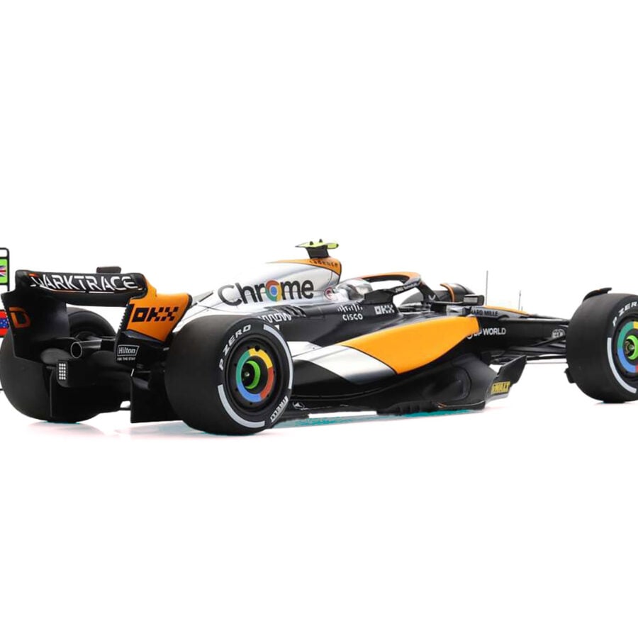 McLaren MCL60 #4 Lando Norris "Chrome" 2nd Place Formula One F1 "British GP" (2023) and Acrylic Display Case and Pit Board 1/18 Model Car by Spark from the Formula 1 Memorabilia store collection.