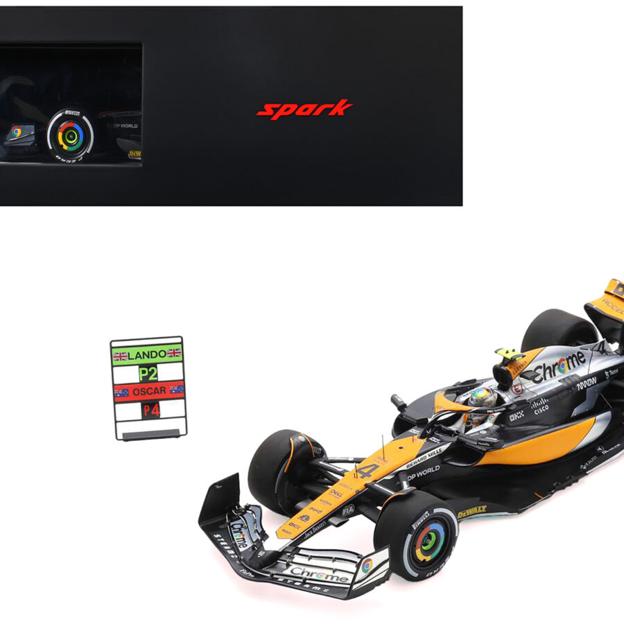 McLaren MCL60 #4 Lando Norris "Chrome" 2nd Place Formula One F1 "British GP" (2023) and Acrylic Display Case and Pit Board 1/18 Model Car by Spark Automotive