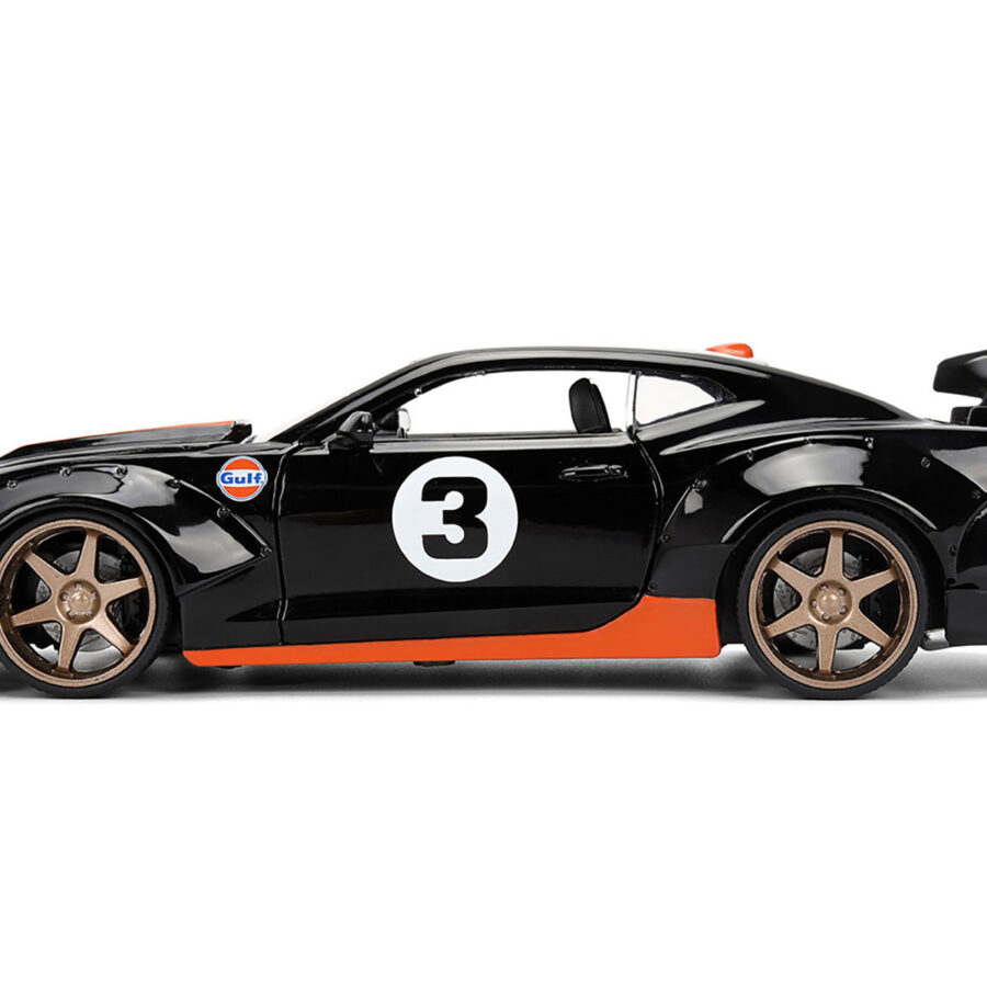 2016 Chevrolet Camaro #3 "Gulf Oil" Black with Orange Stripe "Wide Body" Series 1/24 Diecast Model Car by Jada from the Sports Car Racing Collectibles store collection.