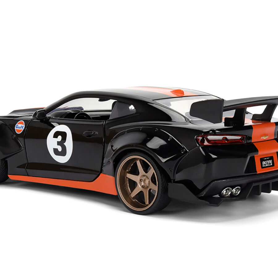 2016 Chevrolet Camaro #3 "Gulf Oil" Black with Orange Stripe "Wide Body" Series 1/24 Diecast Model Car by Jada from the Sports Car Racing Collectibles store collection.