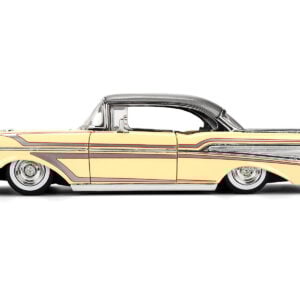 1957 Chevrolet Bel Air Cream with Graphics and Gray Metallic Top "Bigtime Muscle" Series 1/24 Diecast Model Car by Jada from the Sports Car Racing Collectibles store collection.
