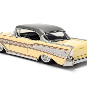 1957 Chevrolet Bel Air Cream with Graphics and Gray Metallic Top "Bigtime Muscle" Series 1/24 Diecast Model Car by Jada from the Sports Car Racing Collectibles store collection.