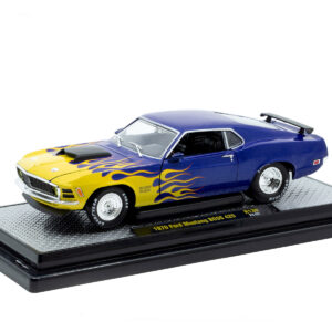 1970 Ford Mustang BOSS 429 Blue Metallic with Flame Graphics Limited Edition to 6650 pieces Worldwide 1/24 Diecast Model Car by M2 Machines from the Ford store collection.
