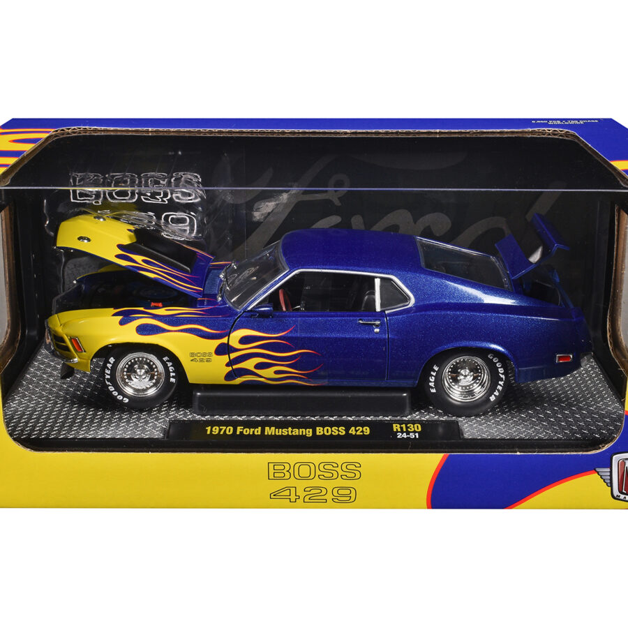 1970 Ford Mustang BOSS 429 Blue Metallic with Flame Graphics Limited Edition to 6650 pieces Worldwide 1/24 Diecast Model Car by M2 Machines Automotive