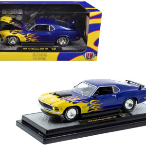 1970 Ford Mustang BOSS 429 Blue Metallic with Flame Graphics Limited Edition to 6650 pieces Worldwide 1/24 Diecast Model Car by M2 Machines from the Ford store collection.